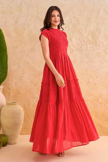 Taro_Red Cotton High Neck Poppy Breeze Dress _Online_at_Aza_Fashions