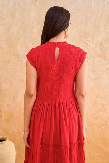 Buy_Taro_Red Cotton High Neck Poppy Breeze Dress _Online_at_Aza_Fashions