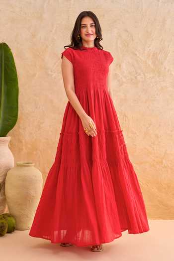 Shop_Taro_Red Cotton High Neck Poppy Breeze Dress _Online_at_Aza_Fashions