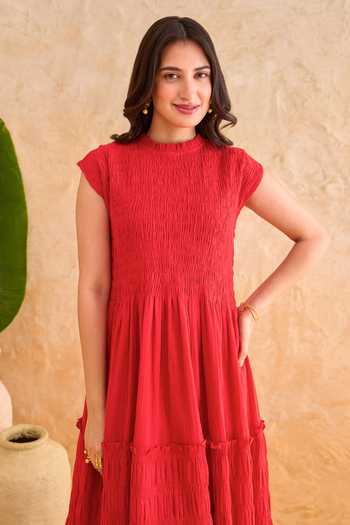 Taro_Red Cotton High Neck Poppy Breeze Dress _at_Aza_Fashions