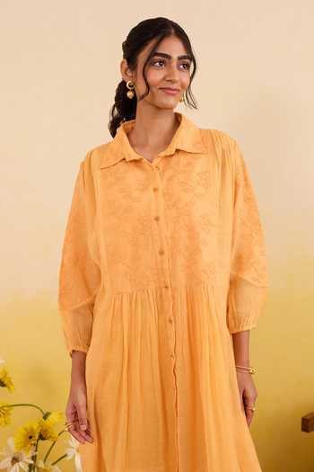 Taro_Yellow Cotton Collared Marigold Daydream Dress _Online_at_Aza_Fashions