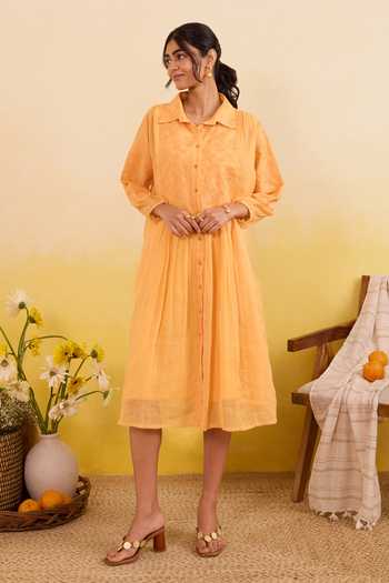 Taro_Yellow Cotton Collared Marigold Daydream Dress _at_Aza_Fashions
