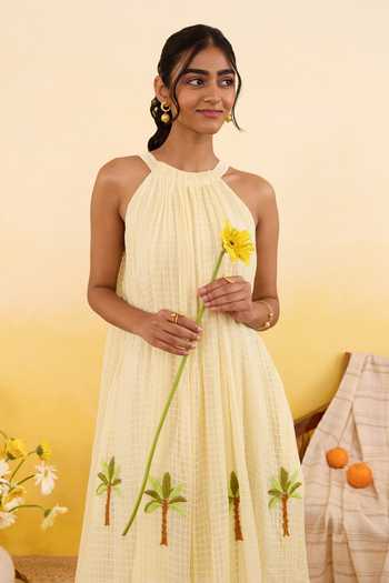 Taro_Yellow Cotton Halter Neck Palm Whisper Dress _Online_at_Aza_Fashions