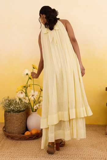 Buy_Taro_Yellow Cotton Halter Neck Palm Whisper Dress _Online_at_Aza_Fashions