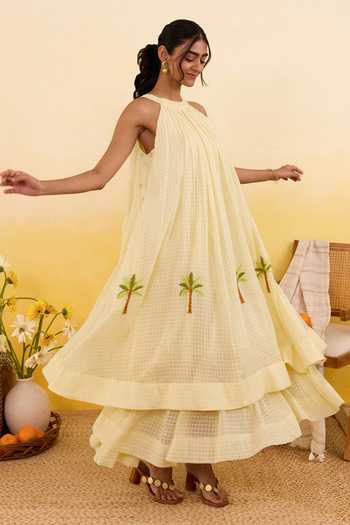 Shop_Taro_Yellow Cotton Halter Neck Palm Whisper Dress _Online_at_Aza_Fashions