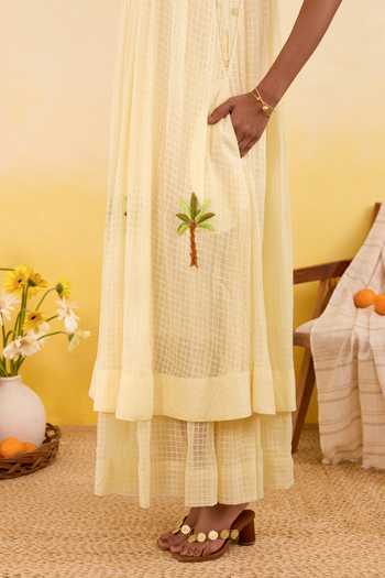 Taro_Yellow Cotton Halter Neck Palm Whisper Dress _at_Aza_Fashions