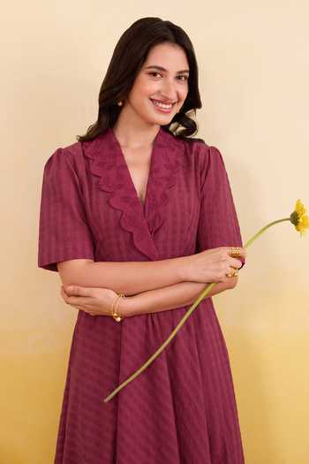 Taro_Wine Cotton V-neck Mulberry Muse Dress _Online_at_Aza_Fashions