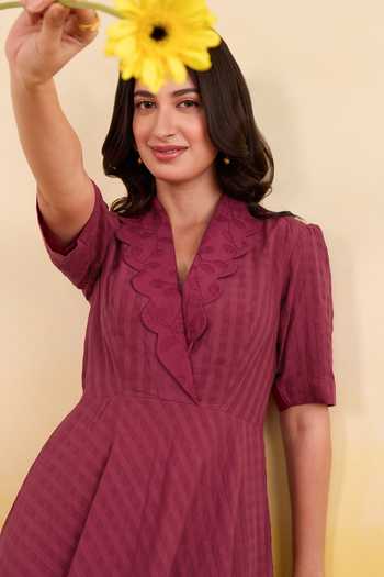 Buy_Taro_Wine Cotton V-neck Mulberry Muse Dress _Online_at_Aza_Fashions