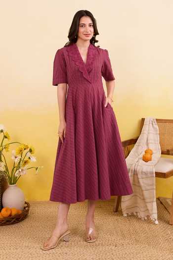 Shop_Taro_Wine Cotton V-neck Mulberry Muse Dress _Online_at_Aza_Fashions