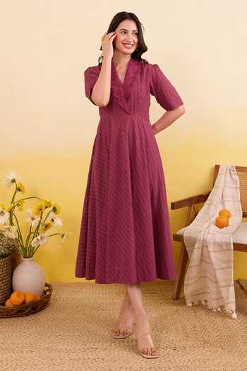 Taro_Wine Cotton V-neck Mulberry Muse Dress _at_Aza_Fashions
