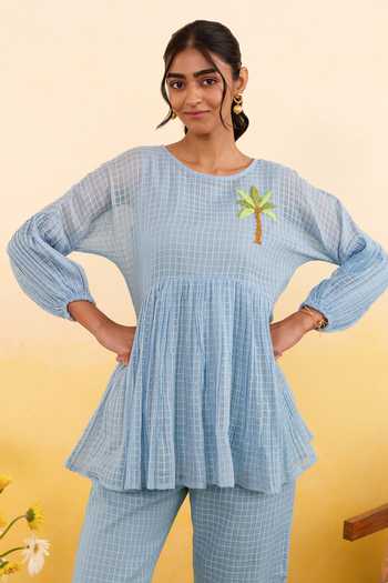 Taro_Blue Cotton Round Neck Sky Grid Top And Pant Set _Online_at_Aza_Fashions