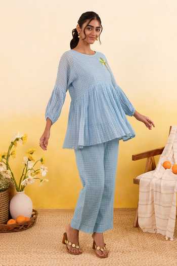 Buy_Taro_Blue Cotton Round Neck Sky Grid Top And Pant Set _Online_at_Aza_Fashions