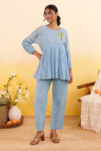 Shop_Taro_Blue Cotton Round Neck Sky Grid Top And Pant Set _Online_at_Aza_Fashions