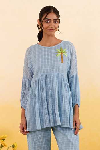 Taro_Blue Cotton Round Neck Sky Grid Top _Online_at_Aza_Fashions