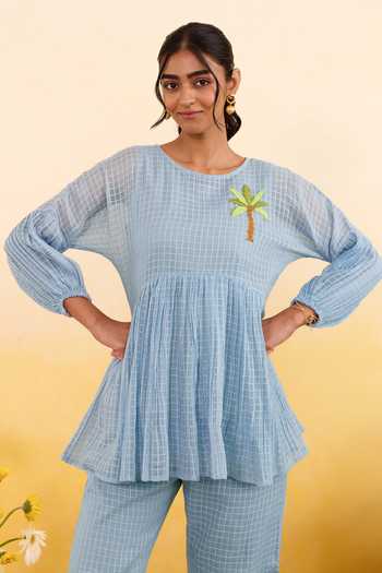 Buy_Taro_Blue Cotton Round Neck Sky Grid Top _Online_at_Aza_Fashions