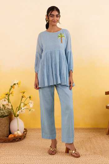 Shop_Taro_Blue Cotton Round Neck Sky Grid Top _Online_at_Aza_Fashions