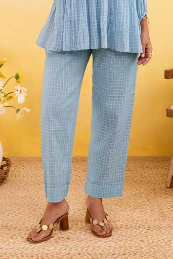 Taro_Blue Cotton Round Neck Sky Grid Top _at_Aza_Fashions