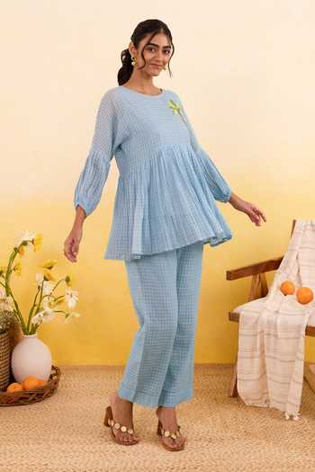 Buy_Taro_Blue Cotton Round Neck Sky Grid Top 