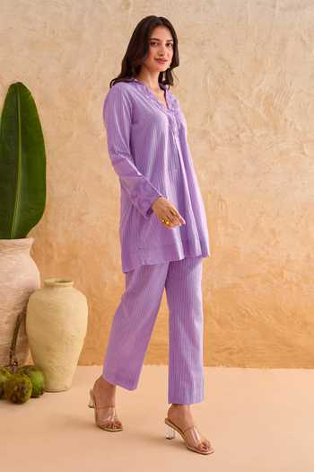 Taro_Purple Cotton V-neck Wisteria Vine Top And Pant Set _Online_at_Aza_Fashions
