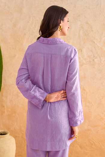 Buy_Taro_Purple Cotton V-neck Wisteria Vine Top And Pant Set _Online_at_Aza_Fashions