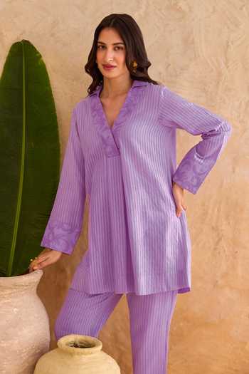Shop_Taro_Purple Cotton V-neck Wisteria Vine Top And Pant Set _Online_at_Aza_Fashions