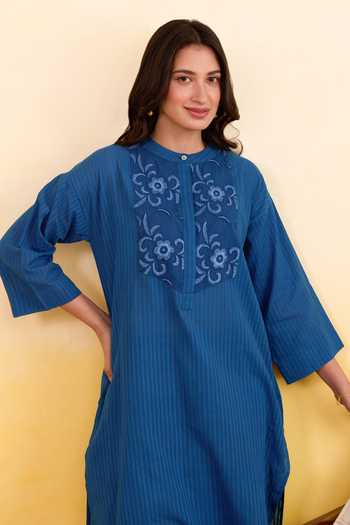 Taro_Blue Cotton Mandarin Collar, Yes Blueberry Bloom Kurta And Pant Set _Online_at_Aza_Fashions