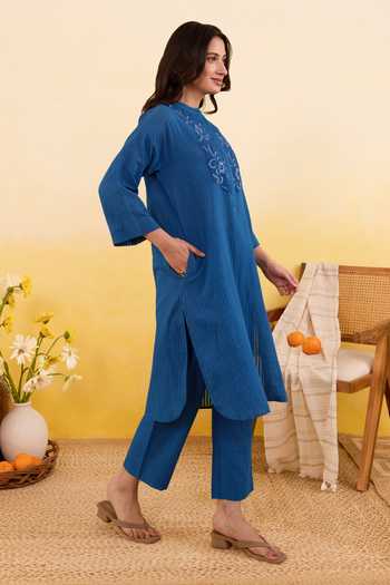 Buy_Taro_Blue Cotton Mandarin Collar, Yes Blueberry Bloom Kurta And Pant Set _Online_at_Aza_Fashions