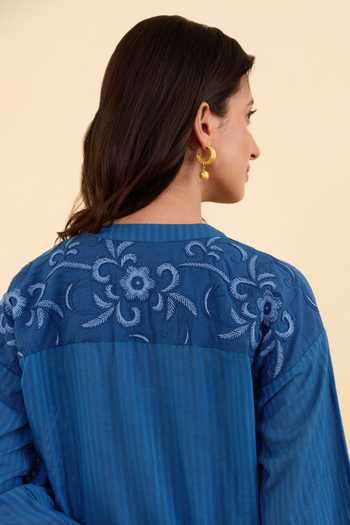 Shop_Taro_Blue Cotton Mandarin Collar, Yes Blueberry Bloom Kurta And Pant Set _Online_at_Aza_Fashions