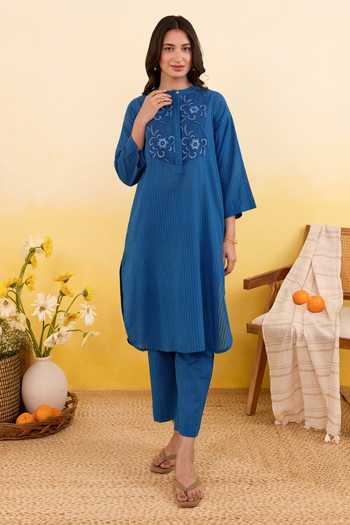 Taro_Blue Cotton Mandarin Collar, Yes Blueberry Bloom Kurta And Pant Set _at_Aza_Fashions