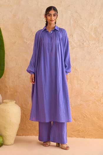 Taro_Purple Cotton Collared, Yes Amethyst Haze Kurta And Pant Set _Online_at_Aza_Fashions