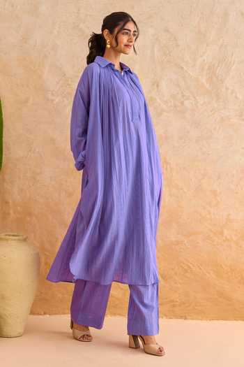 Shop_Taro_Purple Cotton Collared, Yes Amethyst Haze Kurta And Pant Set _Online_at_Aza_Fashions