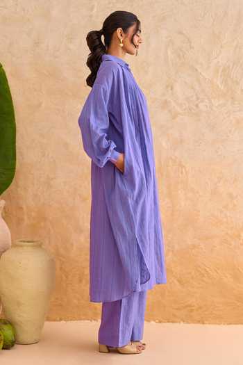 Taro_Purple Cotton Collared, Yes Amethyst Haze Kurta And Pant Set _at_Aza_Fashions