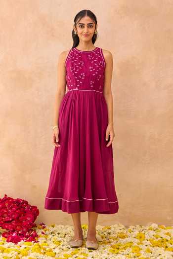 Taro_Magenta Cotton Round Neck Meadow Dress _Online_at_Aza_Fashions
