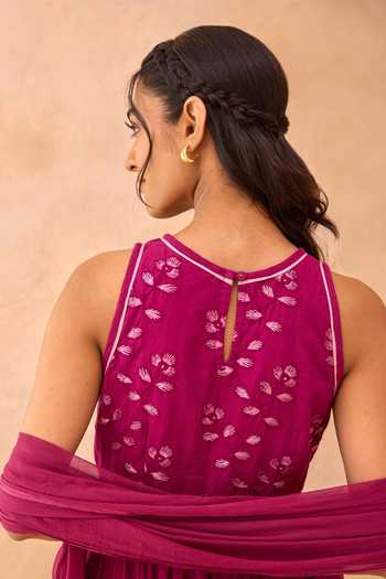 Taro_Magenta Cotton, Chiffon Round Neck Berry Bash Embroidered Anarkali Set _Online_at_Aza_Fashions