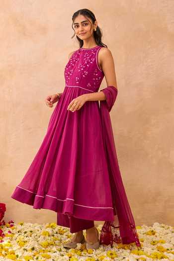 Buy_Taro_Magenta Cotton, Chiffon Round Neck Berry Bash Embroidered Anarkali Set _Online_at_Aza_Fashions