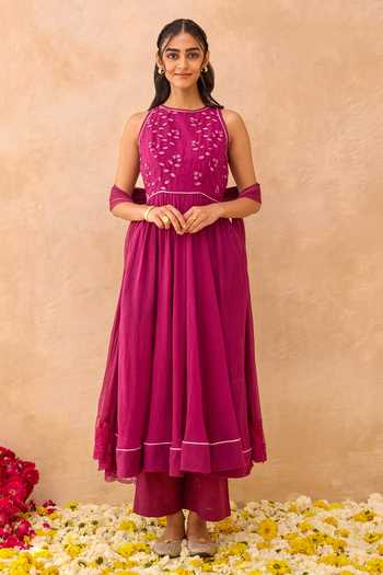 Shop_Taro_Magenta Cotton, Chiffon Round Neck Berry Bash Embroidered Anarkali Set _Online_at_Aza_Fashions