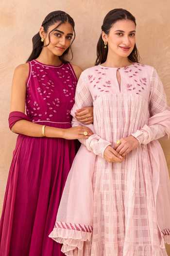 Shop_Taro_Magenta Cotton, Chiffon Round Neck Berry Bash Embroidered Anarkali Set 