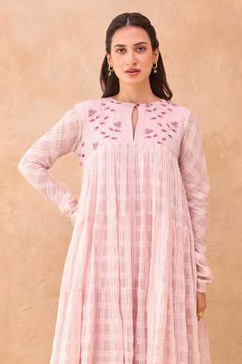 Taro_Pink Cotton Round , Keyhole Tickled Dress _Online_at_Aza_Fashions
