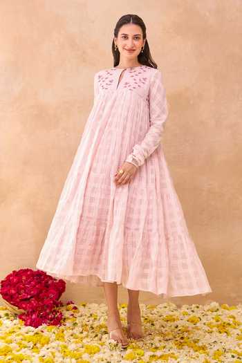 Shop_Taro_Pink Cotton Round , Keyhole Tickled Dress _Online_at_Aza_Fashions