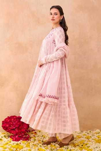 Shop_Taro_Pink Cotton, Kota Doria Keyhole Neck Affair Checkered Pattern Anarkali Set _Online_at_Aza_Fashions