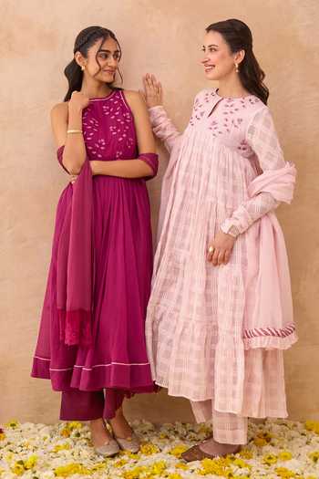 Taro_Pink Cotton, Kota Doria Keyhole Neck Affair Checkered Pattern Anarkali Set _at_Aza_Fashions
