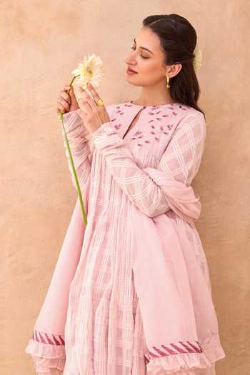 Buy_Taro_Pink Cotton, Kota Doria Keyhole Neck Affair Checkered Pattern Anarkali Set 