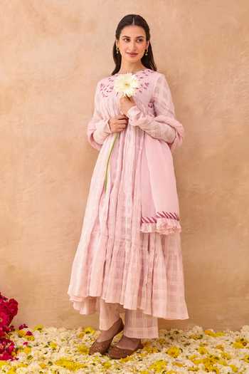 Shop_Taro_Pink Cotton, Kota Doria Keyhole Neck Affair Checkered Pattern Anarkali Set 