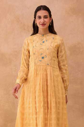 Taro_Yellow Cotton Mandarin Collar Marigold Bloom Dress _Online_at_Aza_Fashions