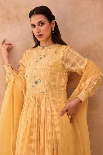 Buy_Taro_Yellow Cotton, Kota Doria Round Neck Marigold Muse Textured Anarkali Set _Online_at_Aza_Fashions