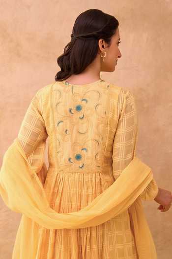 Shop_Taro_Yellow Cotton, Kota Doria Round Neck Marigold Muse Textured Anarkali Set _Online_at_Aza_Fashions