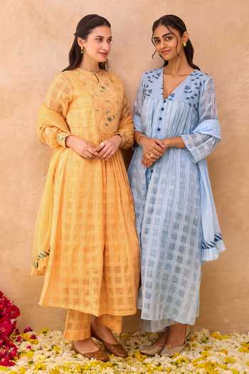 Taro_Yellow Cotton, Kota Doria Round Neck Marigold Muse Textured Anarkali Set _at_Aza_Fashions