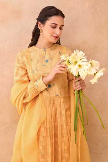 Buy_Taro_Yellow Cotton, Kota Doria Round Neck Marigold Muse Textured Anarkali Set 