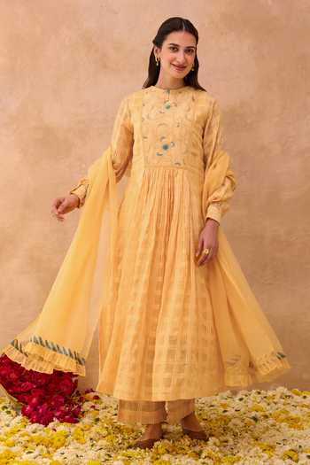 Shop_Taro_Yellow Cotton, Kota Doria Round Neck Marigold Muse Textured Anarkali Set 