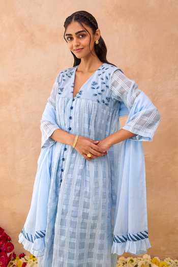 Taro_Blue Cotton V-neck Skyloom Floral Embroidered Dress _Online_at_Aza_Fashions